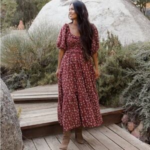 Rylee + Cru Floral Midi Dress in Burgundy